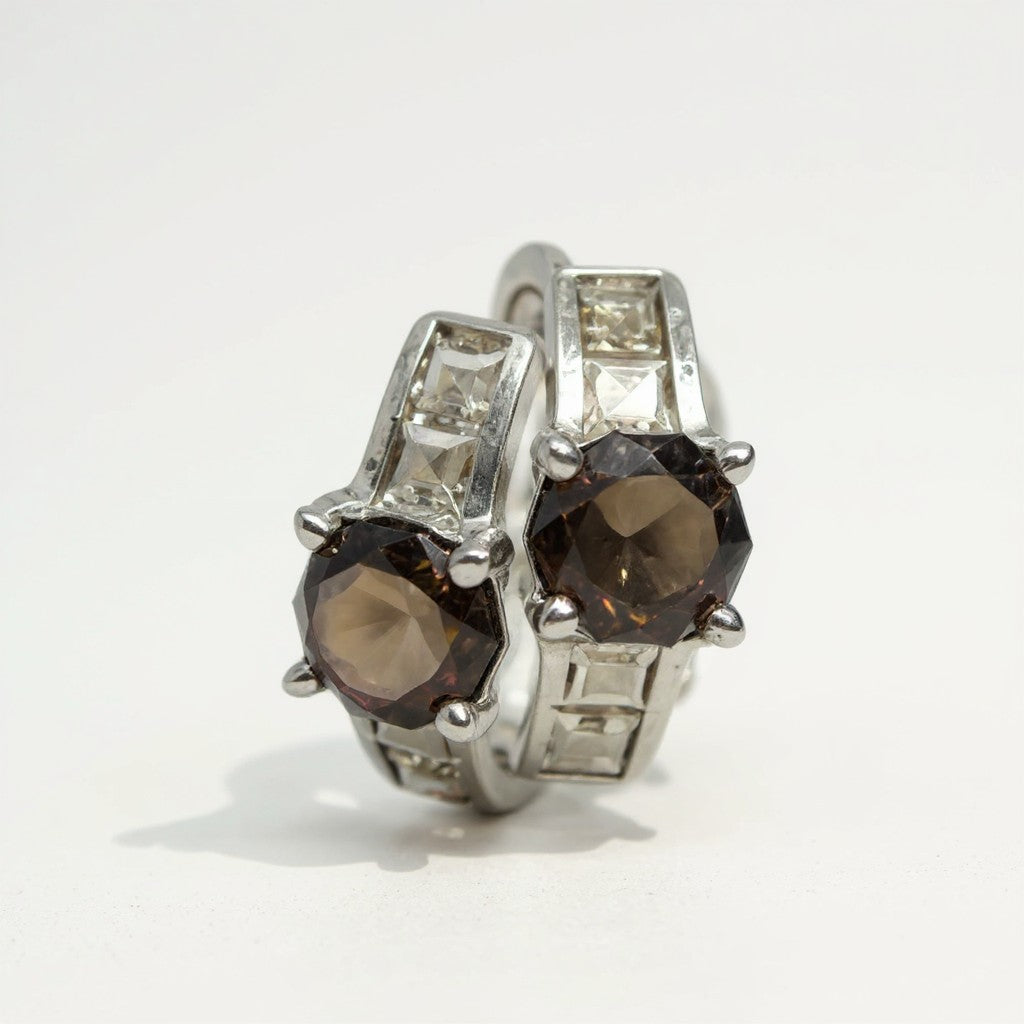 Smokey Quartz Solitaire Earrings with Cubic Zirconia Accents – English Lock