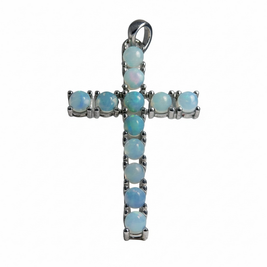 Luminous Opal Faith Cross Pendant – Sterling Silver (3 x 2 cm)