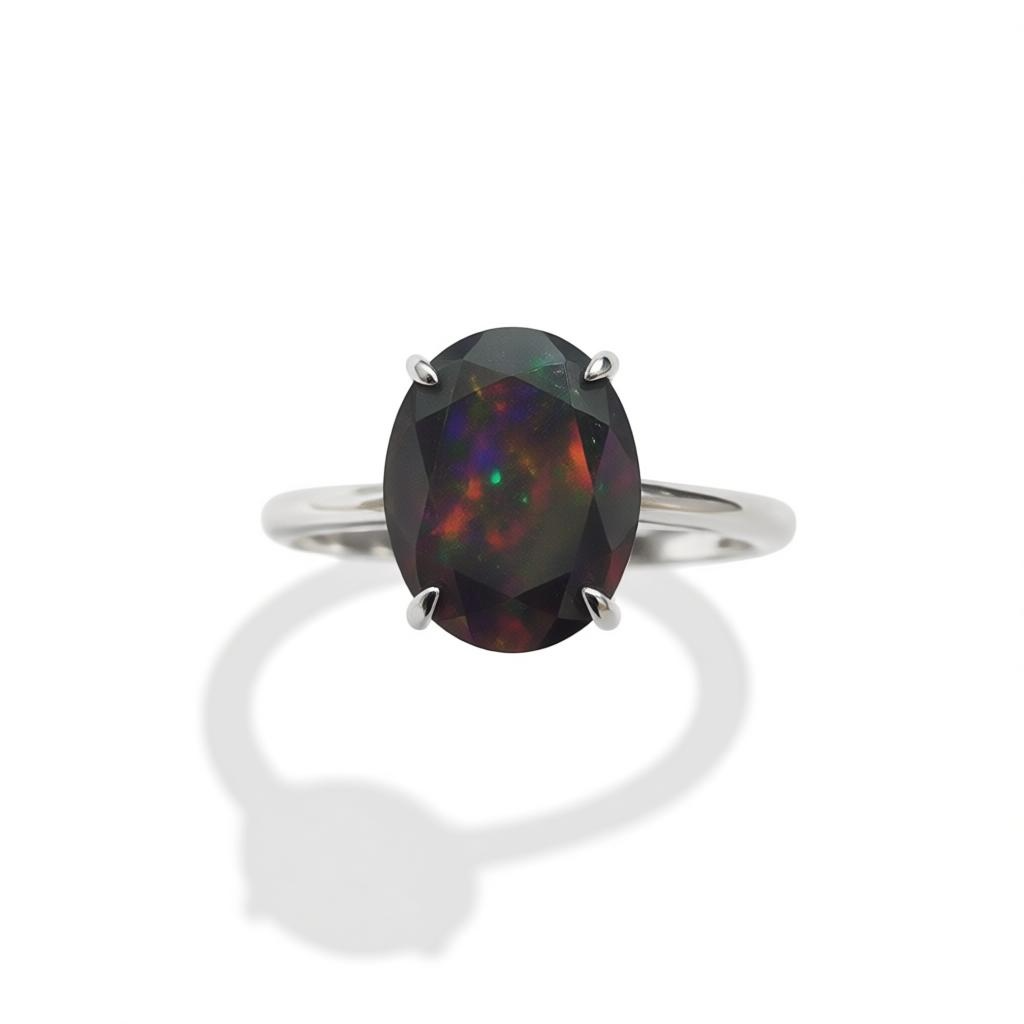 Faceted Black Opal Oval Ring – Sterling Silver Size 6