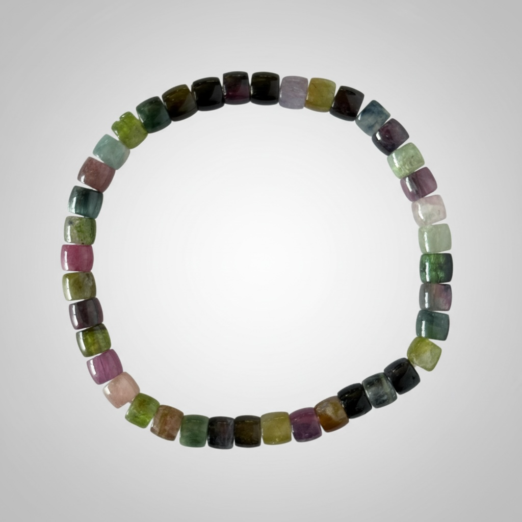 High grade natural Watermelon Tourmaline bracelet with 5 mm cube beads. A colourful balancing crystal for emotional harmony and protection.