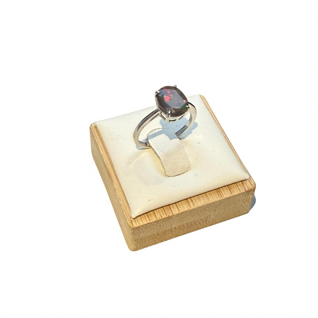 Faceted Black Opal Oval Ring – Sterling Silver Size 6