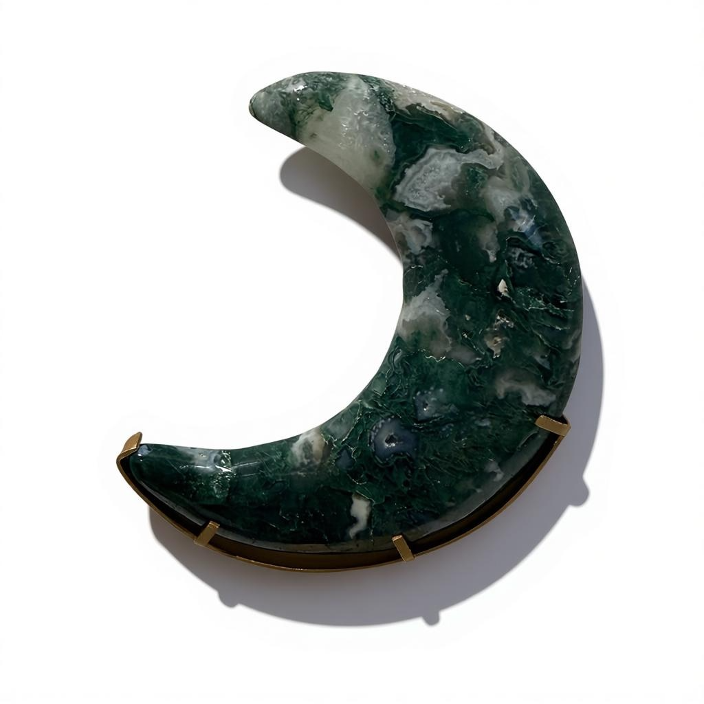 Moss Agate Crescent Moon on Gold Stand – 12.5 x 11 cm (22 cm with Stand) C3