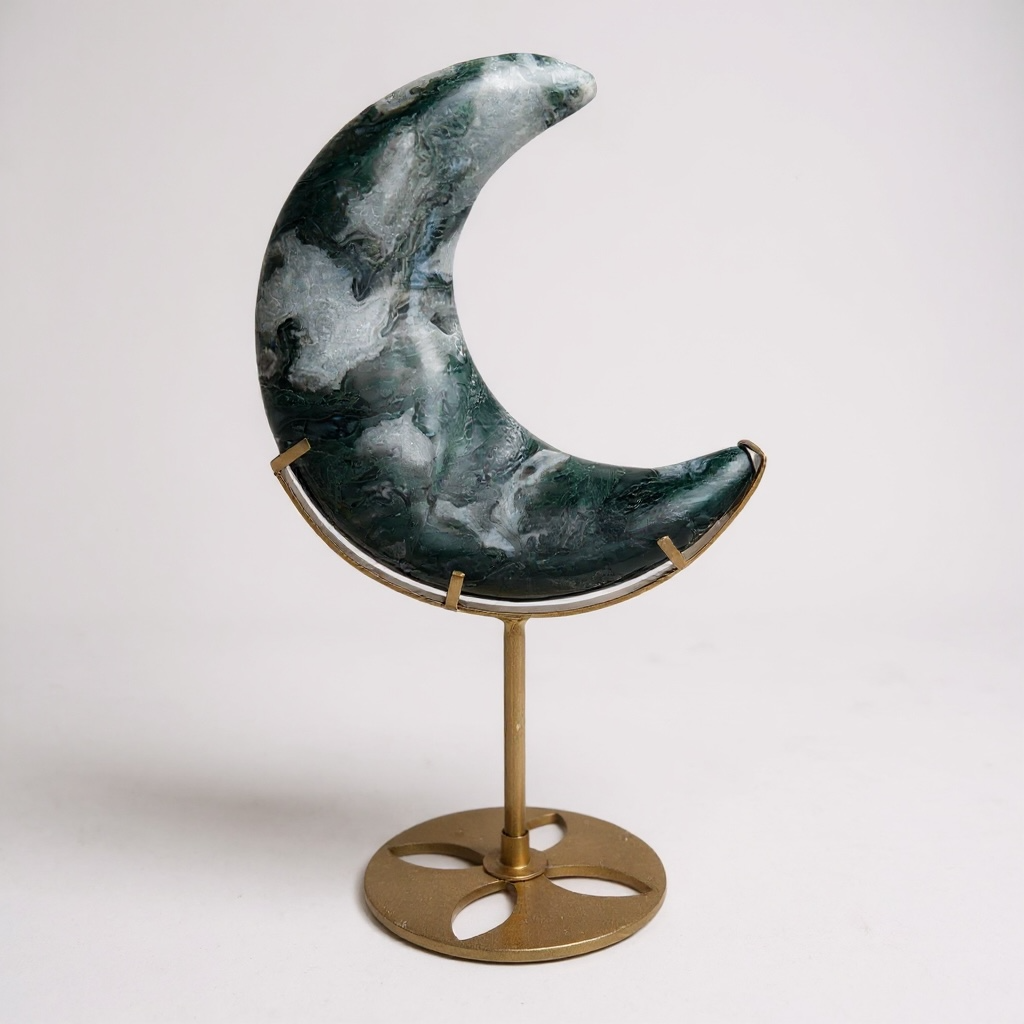 Moss Agate Crescent Moon on Gold Stand – 12.5 x 11 cm (22 cm with Stand) C3