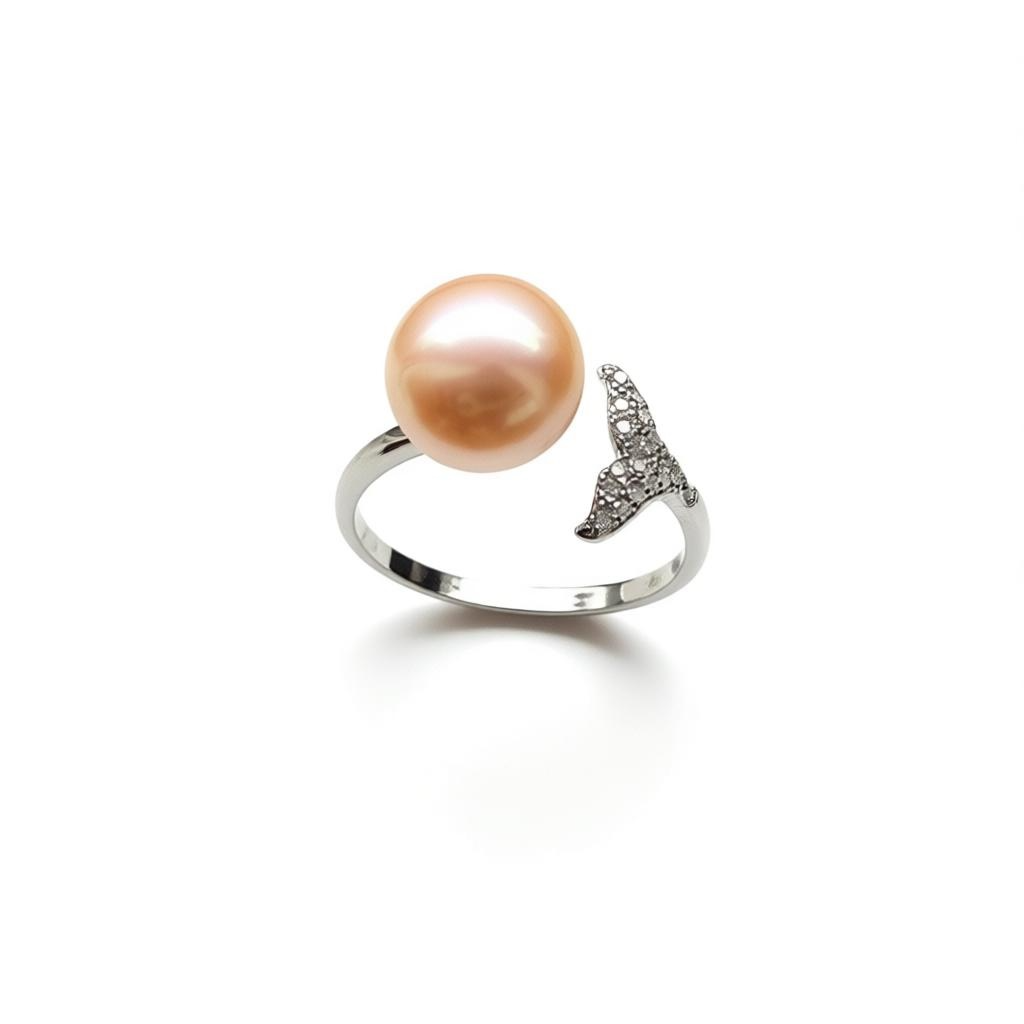 Orange Freshwater Pearl Whale Tail Ring – Adjustable Sterling Silver (7 mm Pearl)