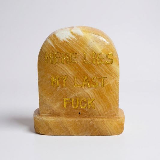 Yellow Calcite “Here Lies My Last F*ck” Tombstone – 6.5–7 cm